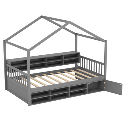 Infans Twin Size House Bed Wooden Platform Bed Frame with Roof & 14 Storage Cubes