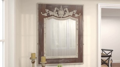 Scalloped 33" x 43" Brown and Cream Rustic Wooden Wall Mirror