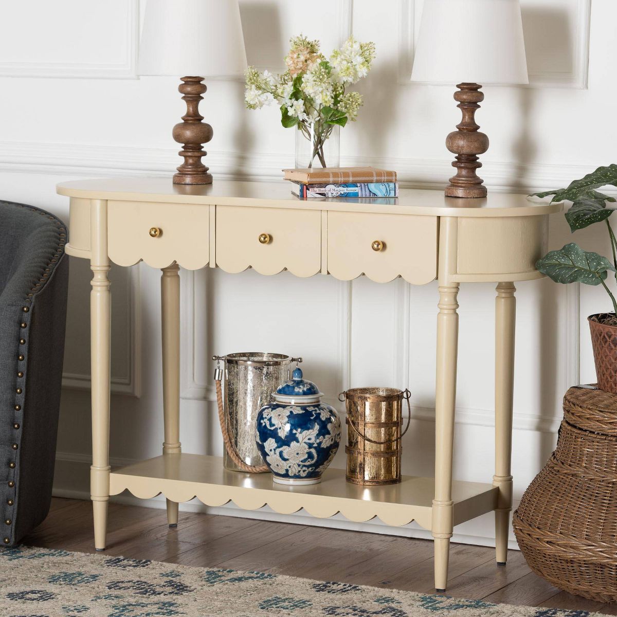 bali & pari Liba Console Table 3-Drawer Accent Table with Open Shelf Storage Beige - thumbnail 9