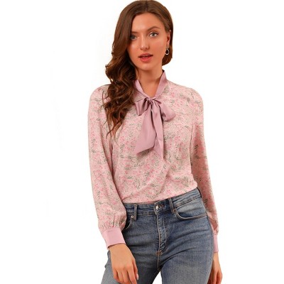INSPIRE CHIC Women's Long Sleeve Bow Tie Office Ladies Tops Floral Chiffon Blouse Shirts