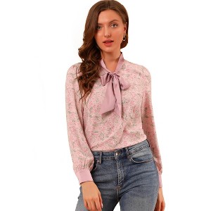 INSPIRE CHIC Women's Long Sleeve Bow Tie Office Ladies Tops Floral Chiffon Blouse Shirts - 1 of 4