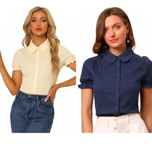 Allegra K Women's Short Sleeve Button Down Peter Pan Collar Blouse 2 Packs - 1 of 4