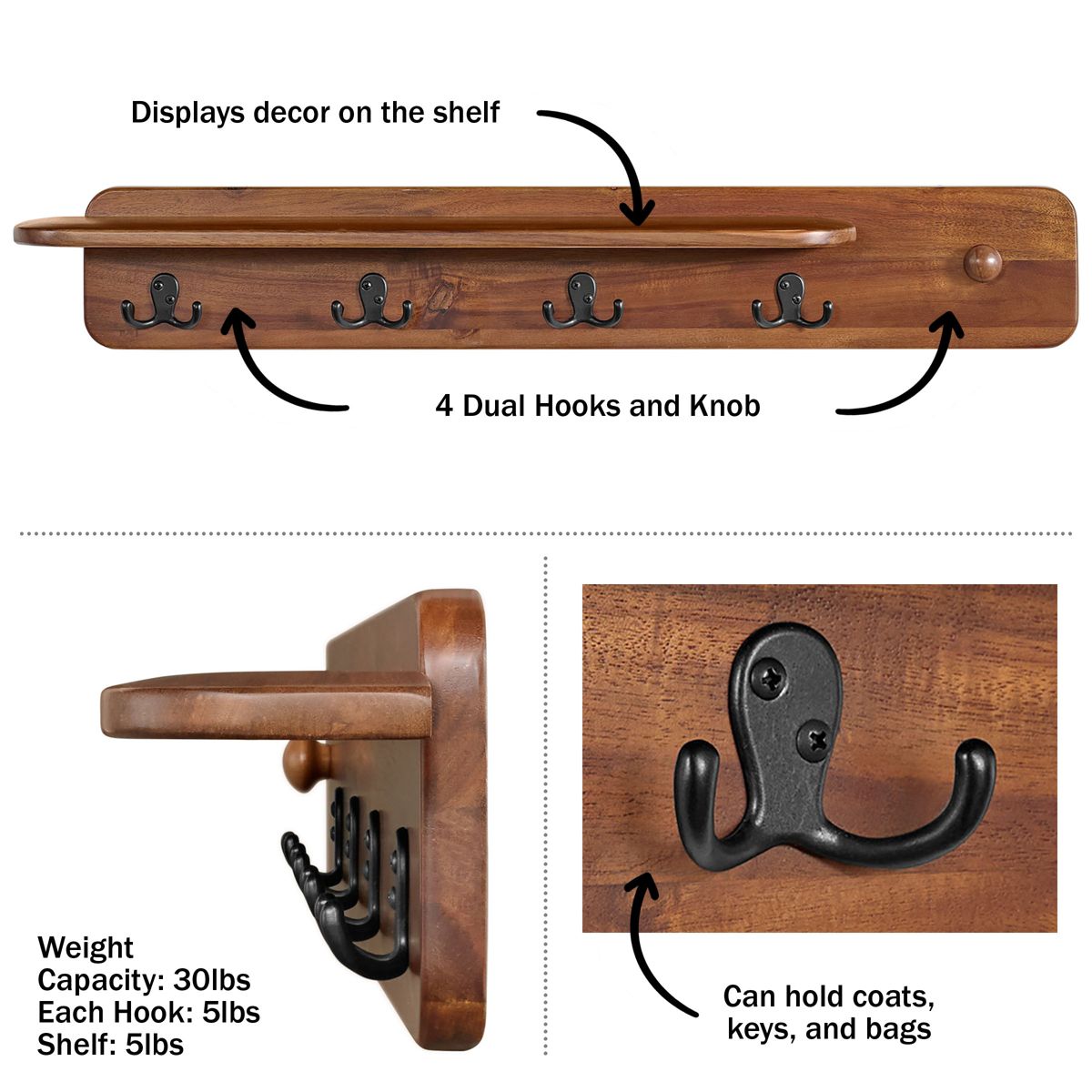 Alaterre Furniture Calais Coat Rack with Shelf, Wall Mount Shelf with 4 Coat Hooks and Peg, Acacia Wood Wall Hangers, Warm Chestnut - thumbnail 3