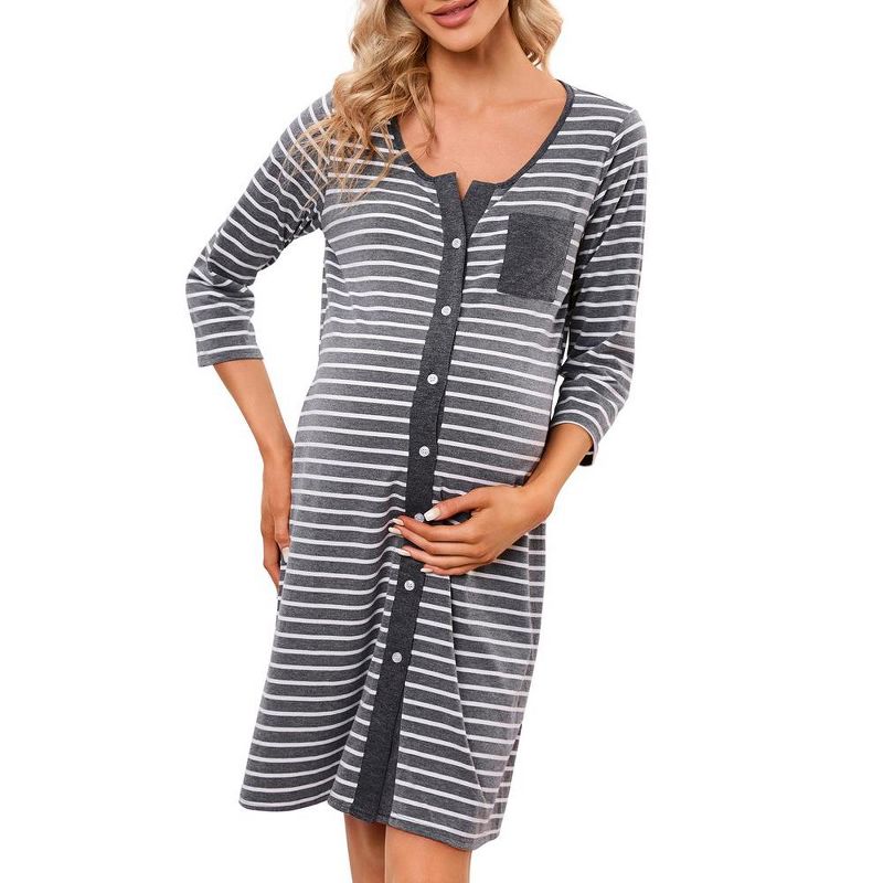 WhizMax Mothers Day Gifts Maternity Nightgown Women's 3/4 Sleeve Striped Nursing Sleepshirt Full Button Breastfeeding Sleep Dress, 1 of 10