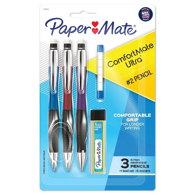 Paper Mate ComfortMate Ultra 3pk #2 Mechanical Pencils with Eraser & Refill 0.7mm Multicolored