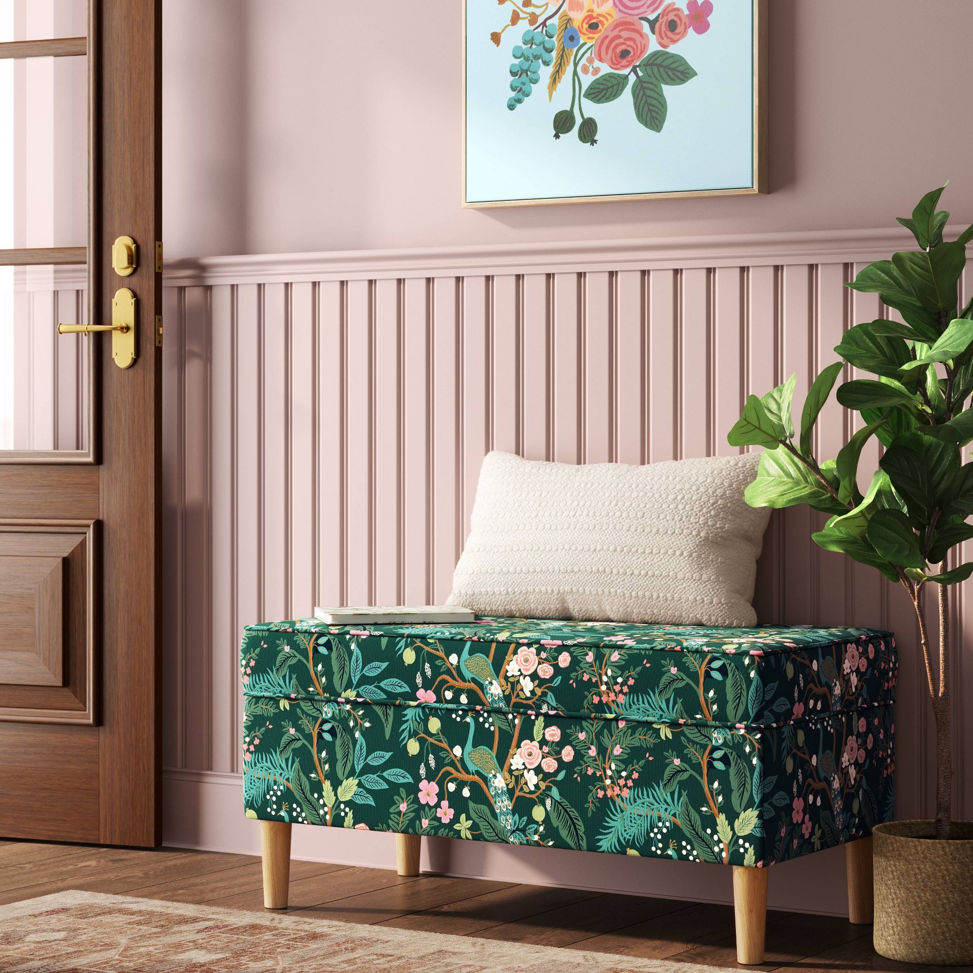 Rifle Paper Co. x Target Storage Bench Peacock: Wood Frame, Floral Upholstered, No Assembly Required