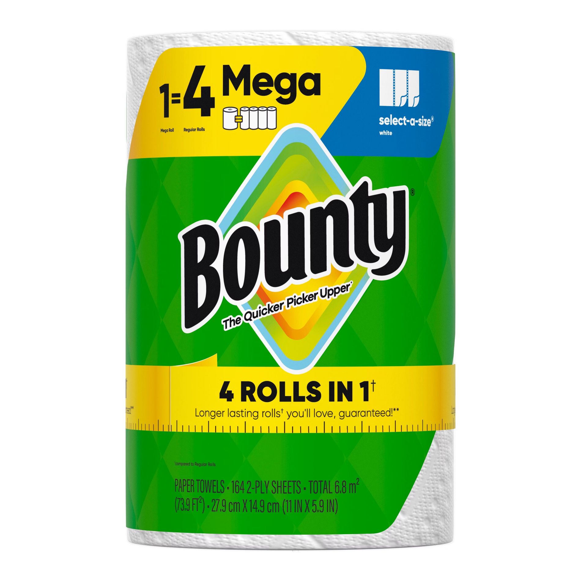 Bounty White Select-A-Size Paper Towels - 1 Mega Roll - 2-Ply - 164 Sheets: No Fragrance, Dye-Free, Non-Toxic