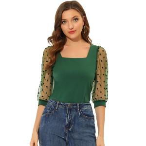 INSPIRE CHIC Women's Retro Square Neck Slim Fit Semi Sheer 3/4 Mesh Sleeve Top - 1 of 4