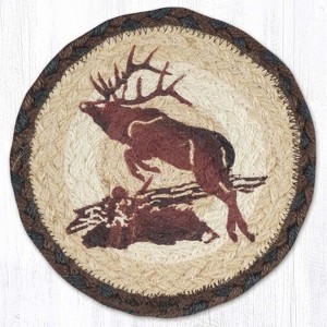 Earth Rugs Round Jumping Elk Coaster – 7" Braided Jute Mat with Hand-Stenciled Elk Leaping Through Rustic Woodland Scenery - 1 of 3