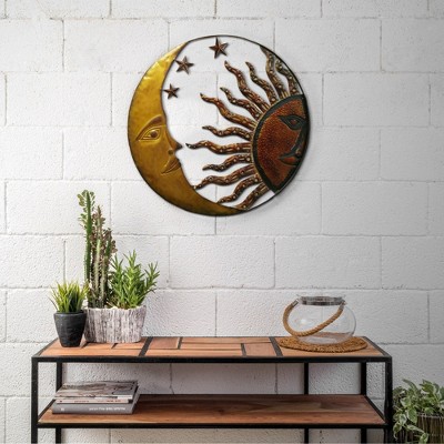 Royal Hampton Round Metal Wall Mount Rustic Gold Bronze, 21 Inch Handcrafted Sun and Moon Accent Wall Decor