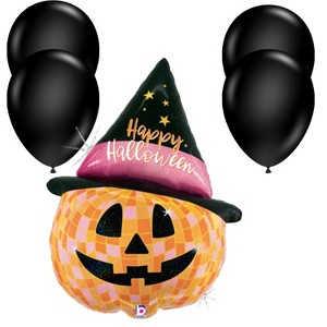 LoonBalloon 33" Halloween Disco Jack-o-Lantern Holographic Balloon with 4 Latex Balloons – Party Decoration Set - 1 of 4