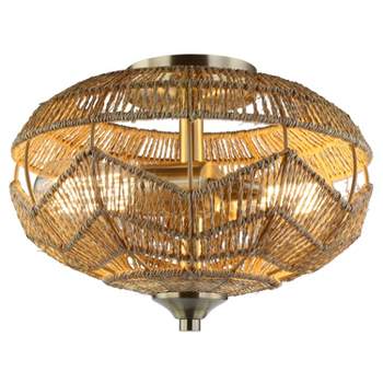 9.25" Oran High Brushed Gold Iron Ceiling Light with Round Tan Hemp Rope Shade - River of Goods