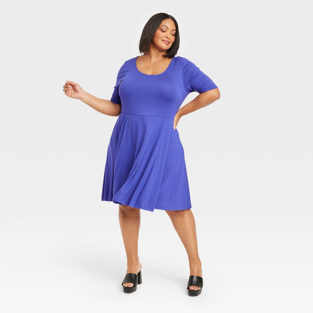Women's Elbow Sleeve Flared Empire Waist Dress - Ava & Viv™ Blue 2X