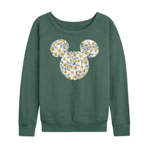 Women's - Disney - Mickey Head Daisies Lightweight French Terry Wide Neck Long Sleeve Shirt - 1 of 4