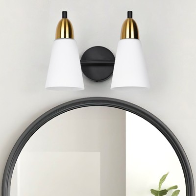 PAKOKULA 2-Light Black and Gold Bathroom Vanity Light With Cone Milk Glass Shade