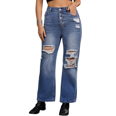 Foucome Maternity Boyfriend Jeans – Stretch Ripped Denim, Low Rise Under-Bump Waist, Dark Blue