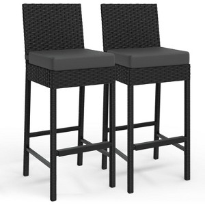 Outdoor Wicker Bar Stools Set of 2, Armless Outdoor Rattan Barstools with Cushions, for Backyard, Poolside - 1 of 4