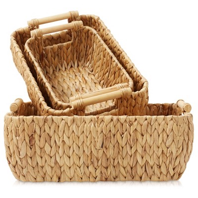 Set of 3 Beige Water Hyacinth Rectangular Storage Baskets with Wooden Handles