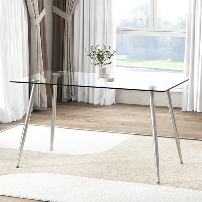 Modern Clear Glass Rectangular Dining Table with Silver Metal Legs