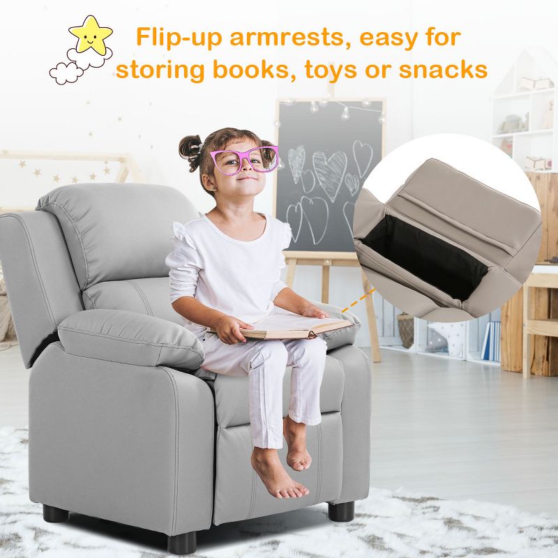 Deluxe Padded Kids Sofa Armchair Recliner Headrest Children w/ Storage Arms Gray, 4 of 9