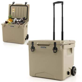 Costway 42 Qt Portable Cooler Roto Molded Ice Chest Insulated 5-7 Days with wheels Handle Charcoal/Tan