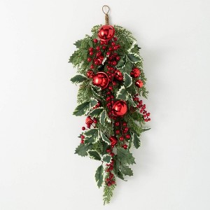 30"H Sullivans Artificial Jingle Bell Holly Pine Christmas Swag, Green-Red, Indoor Christmas Decor - 1 of 4
