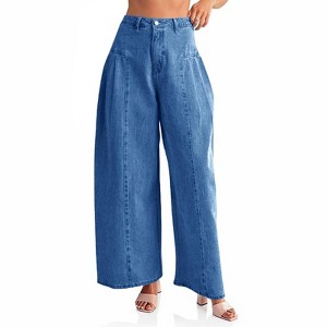 Imily Bela Womens Wide Leg High Waisted Baggy Side Pleated Boyfriend Loose Denim Pants - 1 of 4