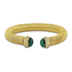EVERLY JEWELRY | Yellow Plated Sterling Silver 0.20 CT TGW Cubic Zirconia and Malachite wide rounded omega Bangle - 1 of 4