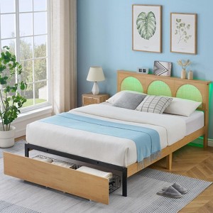 Rattan Bed Frame with Natural Rattan Headboard and 2 Storage Drawers,Bed Frame with LED and Metal Platform ,Strong Wooden Slats Support - 1 of 4