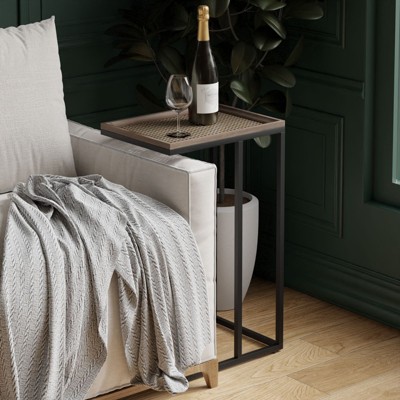 JIONJOY C-Shaped Sofa Table with Woven Metal Top - Farmhouse End Table for Living Room