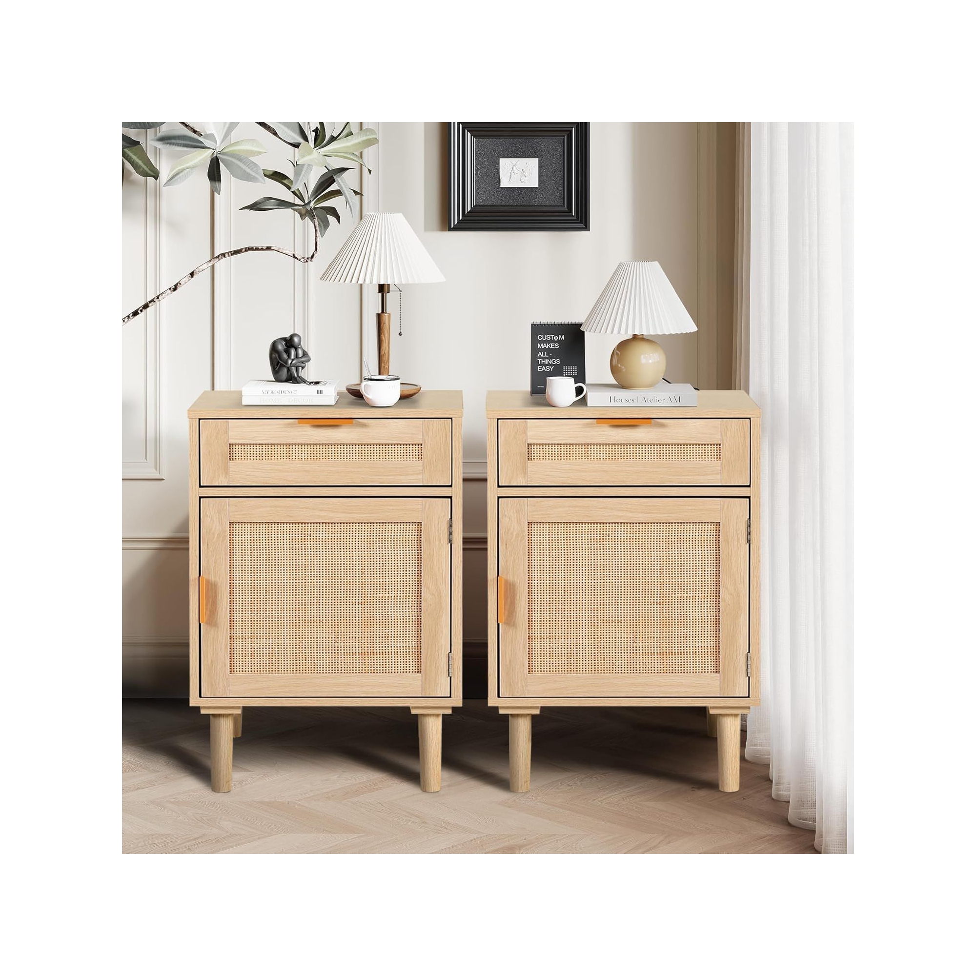 TYBOATLE Set of 2 Rattan Nightstands with Drawer, Boho Bedside Table with Solid Wood Legs, Natural Rattan End Table for Bedroom, Living Room, Oak