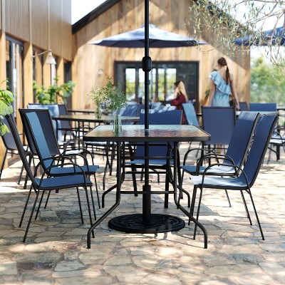 Navy and Black 6-Person Outdoor Dining Set with Glass Table