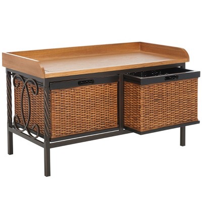 Transitional White Elm Wood Storage Bench with Antiqued Pewter Frame