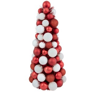 Northlight 3-Finish Shatterproof Ball Christmas Tree with Tinsel - 15.75" - Red and White - 1 of 4