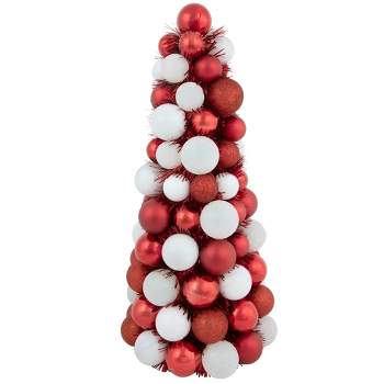 Northlight 15.75" Red and White 3-Finish Shatterproof Ball Christmas Tree with Tinsel