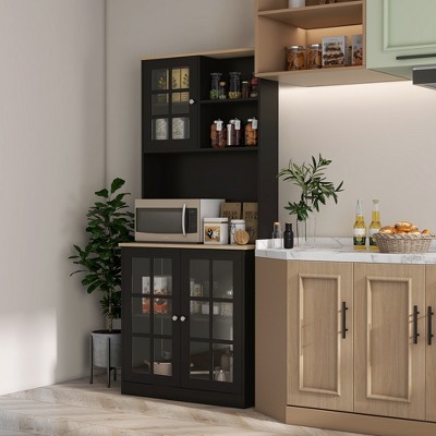 Sleek Modern Black Kitchen Buffet with Glass Door Hutch
