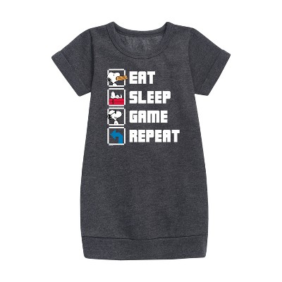 - Peanuts - Eat Sleep Game Snoopy Graphic Short Sleeve Fleece Dress