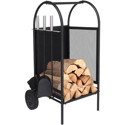 attop Wheeled Firewood Rack with 3 Fireplace Tools