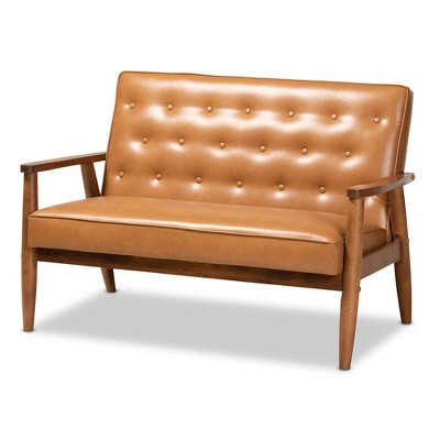 Sorrento Mid century Faux Leather Upholstered Wood Loveseat Walnut