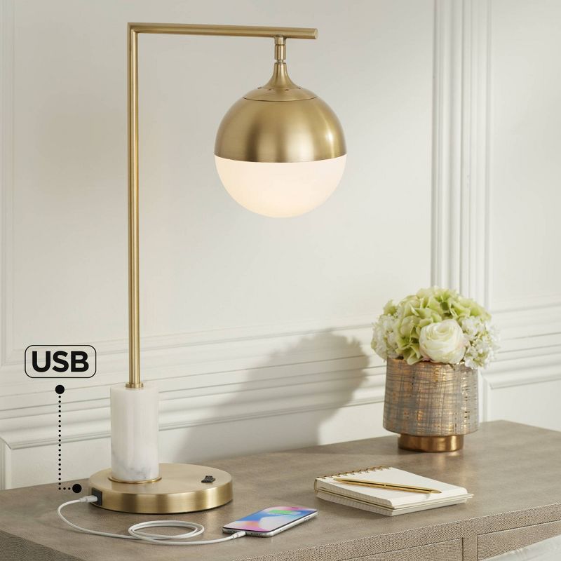 Possini Euro Design Luna Mid Century Desk Table Lamp 26 1/2" High Brass Metal with USB Charging Port Opal Glass Shade for Bedroom Living Room Bedside, 2 of 10