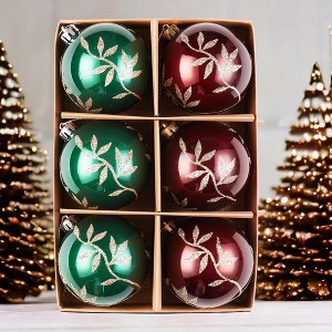 6pc Majestic Gold Glittered Floral Bauble Christmas Ornament Set, Maroon and Green Round Tree Balls| OrnamentallyYou - 1 of 4