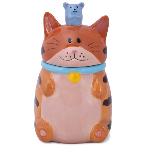 100 North Dolomite Ceramic 10 inch Everyday Cookie & Candy Jar Airtight Lid: Kitchen Canisters, Pet Treat Containers, Orange Tabby Striped Cat & Mouse