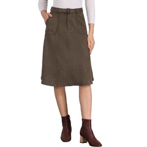 INSPIRE CHIC Women's Casual Solid Faux Suede Pockets Stretch A-line Midi Skirt with Belt - 1 of 4
