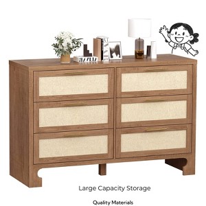 Jojoka 6 Drawer Dresser with Burlap Texture and Wood Legs, Mid Century Modern Storage Chest for Bedroom, Living Room, Oak - 1 of 4