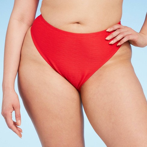 Women s Textured High Leg Cheeky Bikini Bottom Wild Fable Red 1X