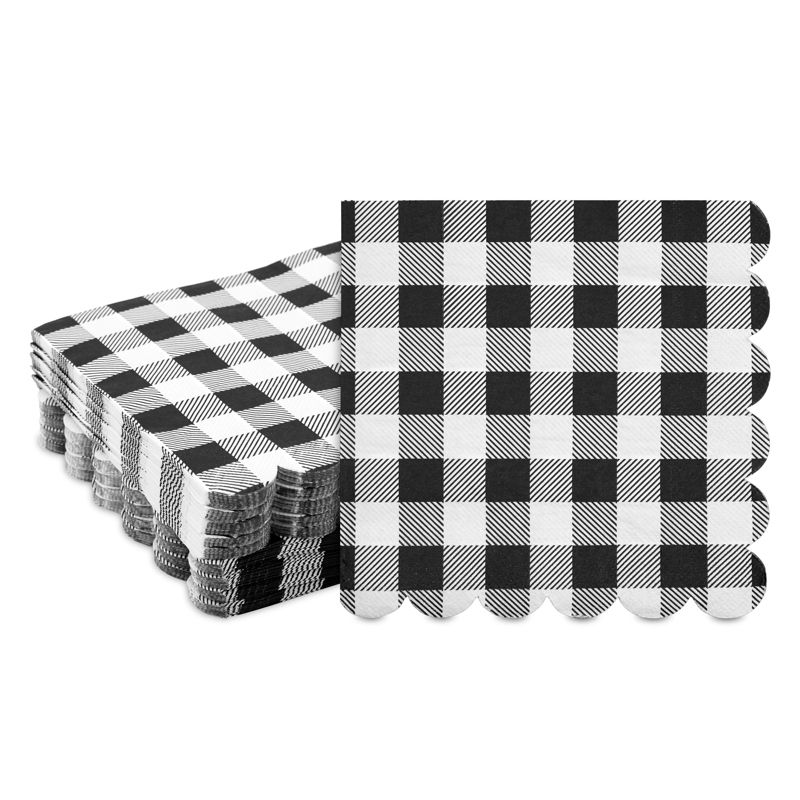 Blue Panda 100 Pack Black Buffalo Check Plaid Scalloped Paper Napkin for Picnic Party Supplies  6.5 x 6.5 in, 1 of 9