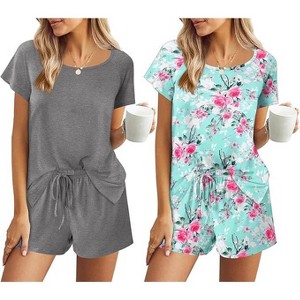 Ekouaer 2 Pack Womens Pajama Sets Short Sleeve Sleepwear Soft Crew Neck Pj Shorts Set Printed Loungewear Set - 1 of 4