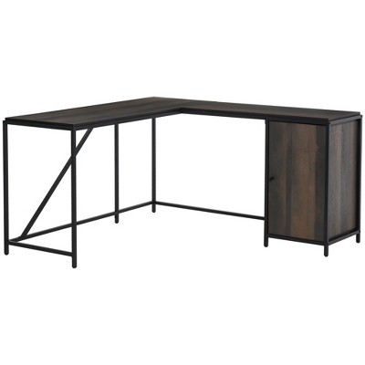 HomCom L-Shaped Computer Corner Desk with Storage Cabinet Adjustable Shelf Large Tabletop and Black Steel Frame Brown