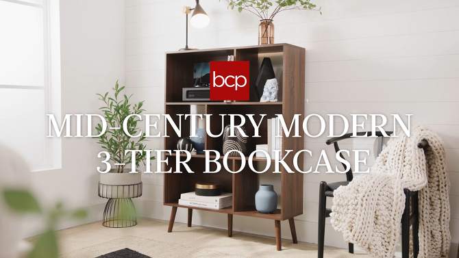 Best Choice Products  3-Tier Mid-Century Modern Wooden Bookcase w/ Removable Back Panels, Offset Pine Legs, 2 of 9, play video