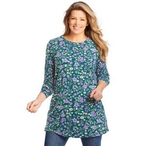 Woman Within Plus Size Perfect Printed Long-Sleeve Crewneck Tunic - 1 of 4